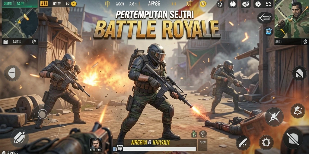 Screenshot menampilkan aksi intens dalam gameplay Battle Royale.